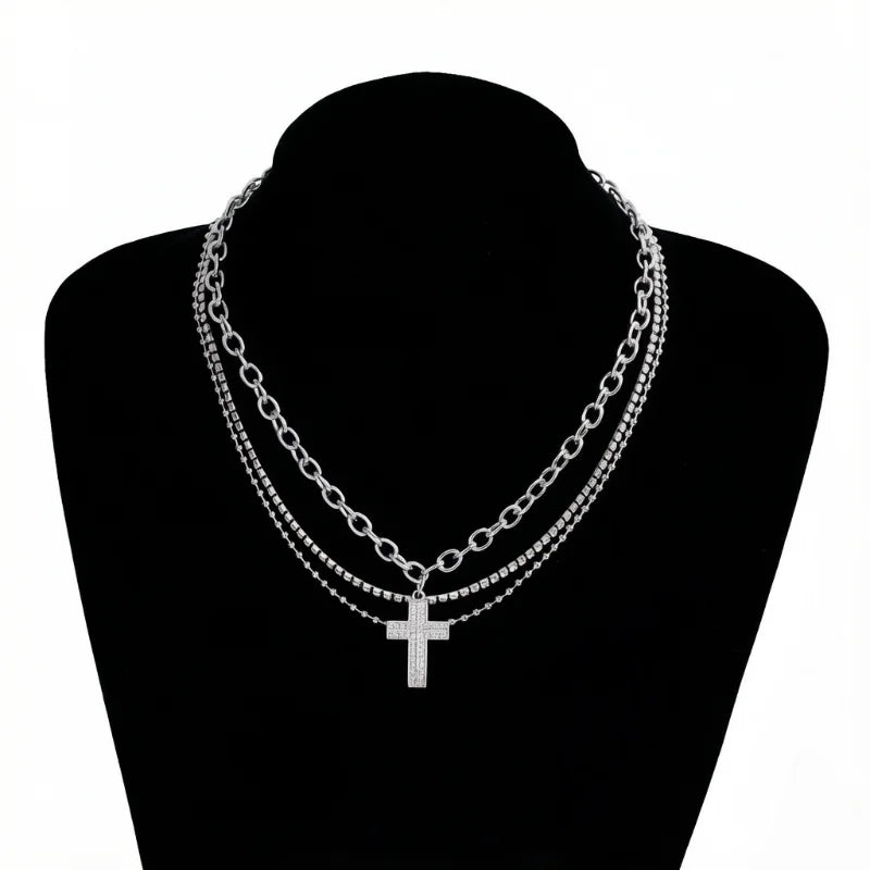Rhinestone Cross Pendant Necklace Spicy Girl Sweet and Cool Style Multi Layered Necklace Choker Gift for Women Choker Jewelry