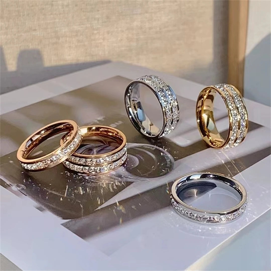 Luxury Rose Gold Double Rowed Square Zircon Stainless Steel Ring Women'S'S Romantic Engagement Wedding Jewelry Women'S