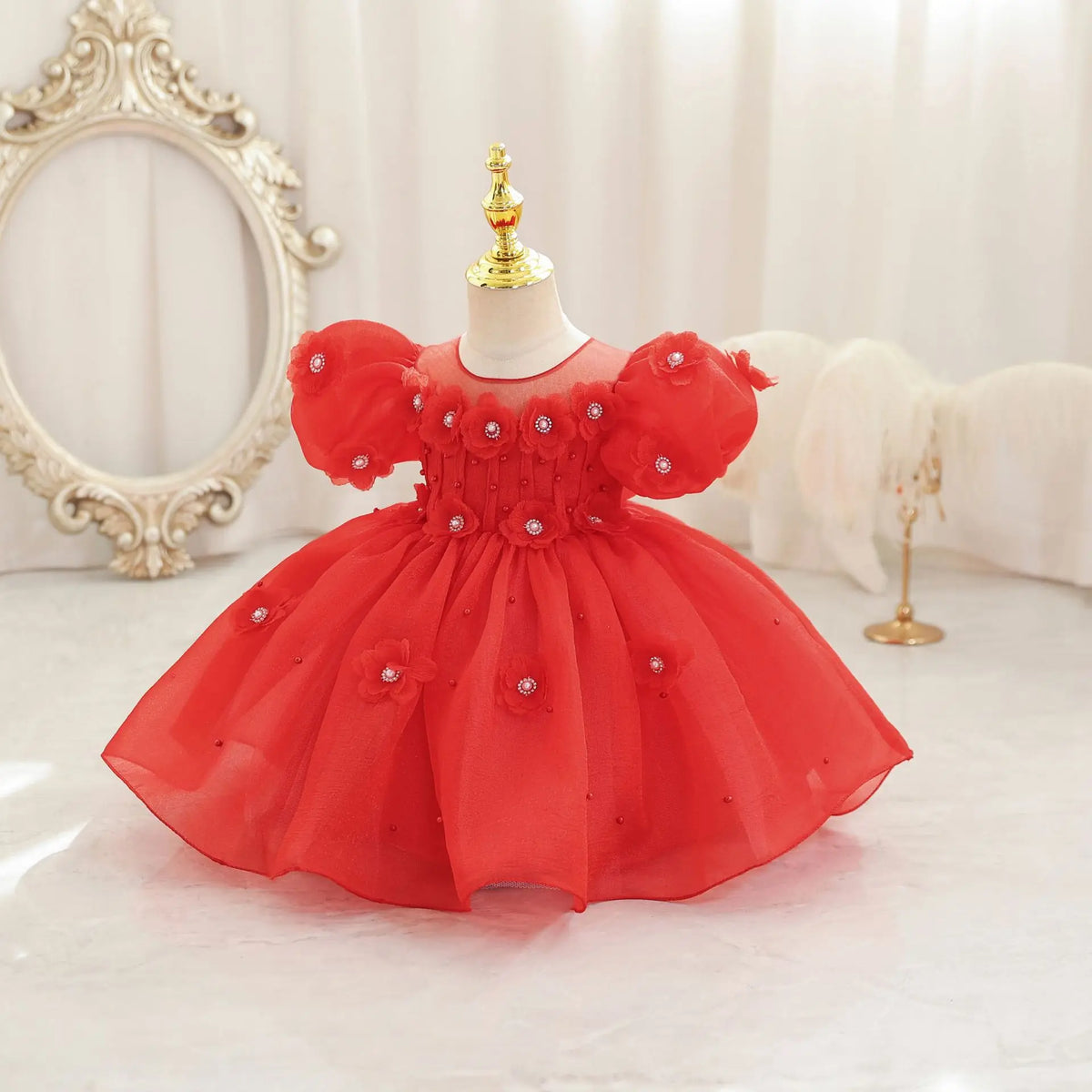 HETISO Summer Infant Baby Girl Dresses Flower Appliques Toddler Kids Birthday Party Princess Wedding Ball Gown