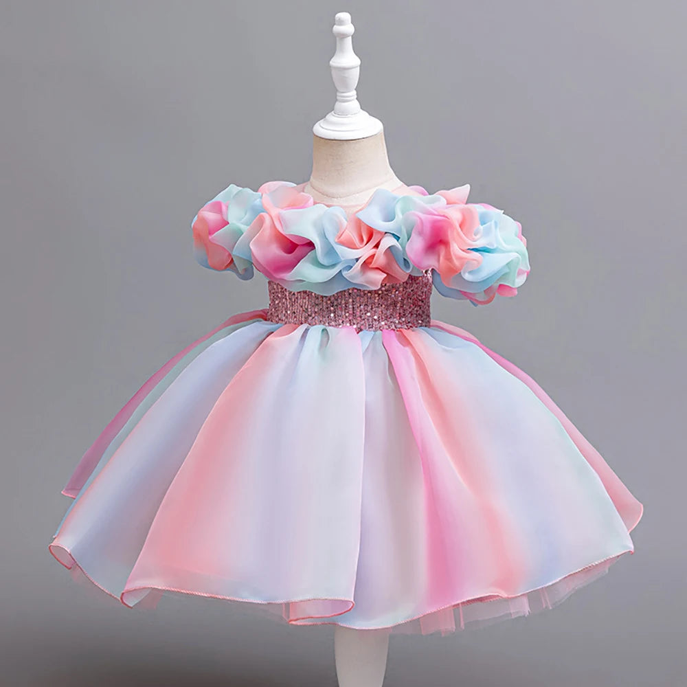 HETISO Rainbow Color Girl Princess Dress Sequined Belt Birthday Party Carnival Costume For Baby Kids 1-6 Years