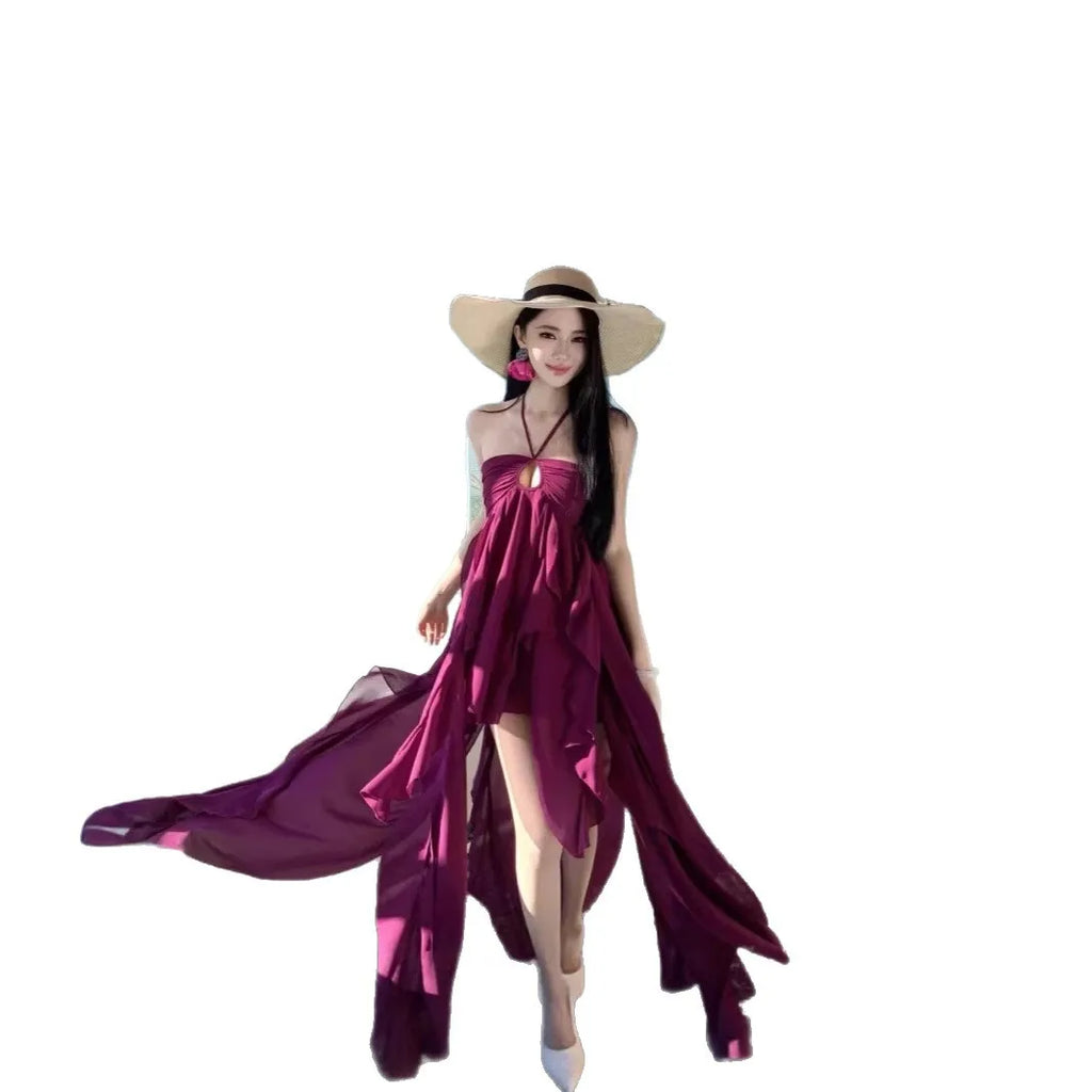 Purple Beach Vacation Photography Dress Women's Sleeveless Gown Luxury Design Sensation Halter Neck Chiffon Long Skirt