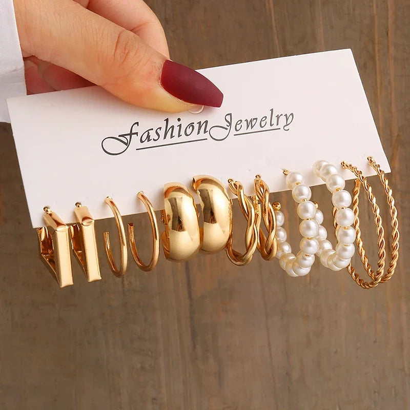 New Gold Color Vintage Geometry Pearl Earrings Set Metal Twine Square Dangle Earring Round For Women'S Trendy Jewelry