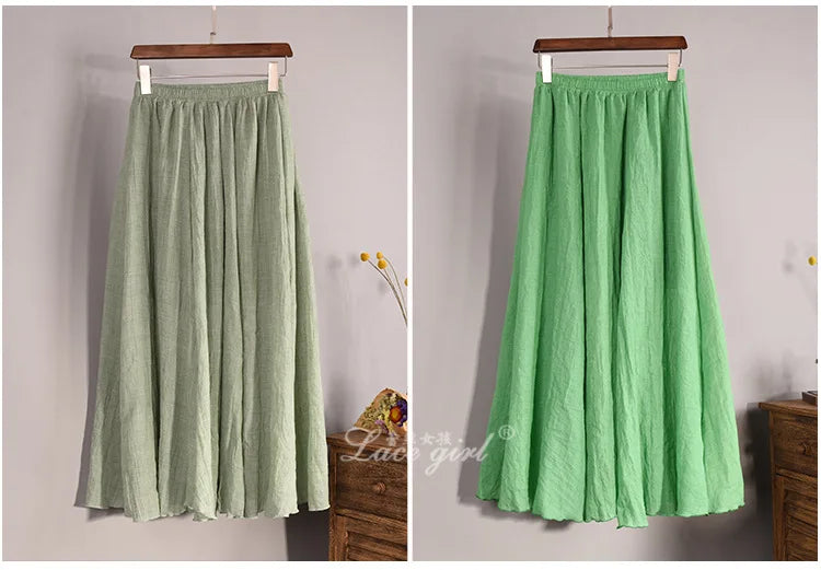 2025 Summer Women All-match Long Skirt Mid-calf Casual Linen Elastic Waistband One Size Expansion Hemline Lined Female Skirts