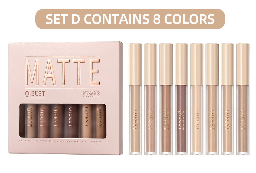 QIBEST 8 Colors Matte Liquid Eyeshadow Set Waterproof Long Lasting Eye Shadow Nude Brown Eye Pigment Makeup For Women Contouring