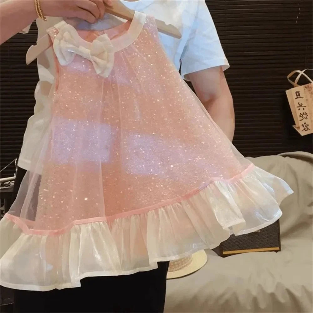 Bear Leader Bow Decoration Pink Girls Dress Summer New Sleeveless Mesh Sequin Princess Dresses Birthday Party Kids Clothes