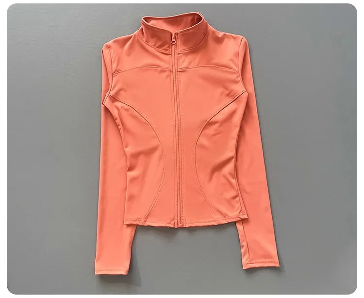 Women's Workout Jacket Stretch Fitted Zip Front Long Sleeve Running Yoga Slimming Waist-Cinching Stand Collar Quick-Dry Sportswe
