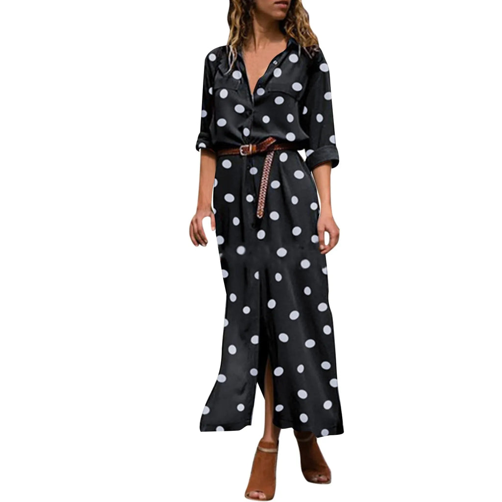 Summer Polka Dot Print Maxi Dress Women's Button Up Split Flowy Shirt Long Dresses Slim Long Sleeve Shirts Dresses With Belt