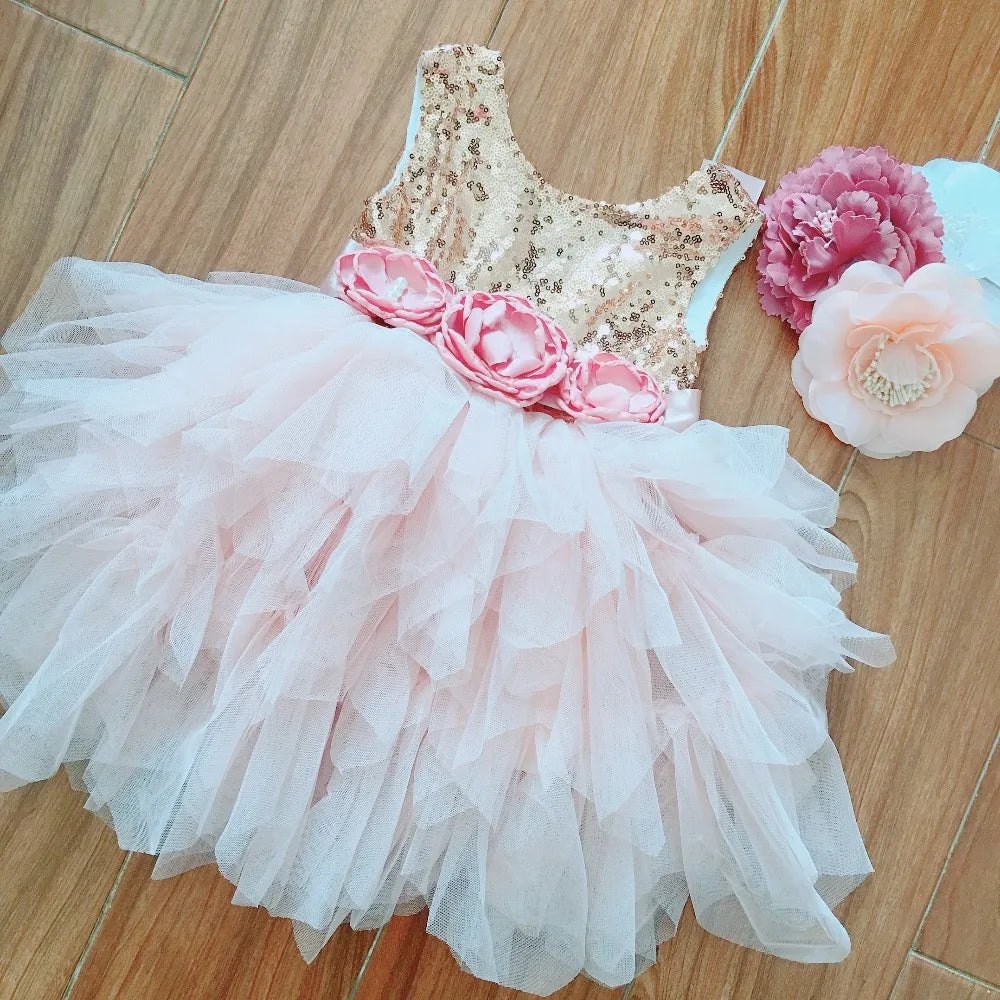 Shinny Flower Girls Christmas Dress for Kids Toddle Party Gown Gold Sequined Layered Tutu Dress Children New Year Dress Clothing