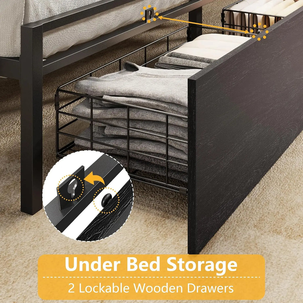 Furnulem King Size Bed Frame with 2 Drawers and Storage Headboard Black | Charging Station,USB Port, RGB LED Lights, 2 Tier Shel