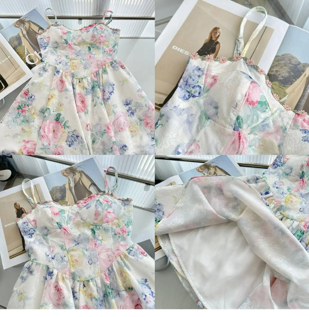Sweet Pure Desire Style Women's Floral Print Halter Dress Slimming Waist Design Casual Summer Polyester Fiber Gown
