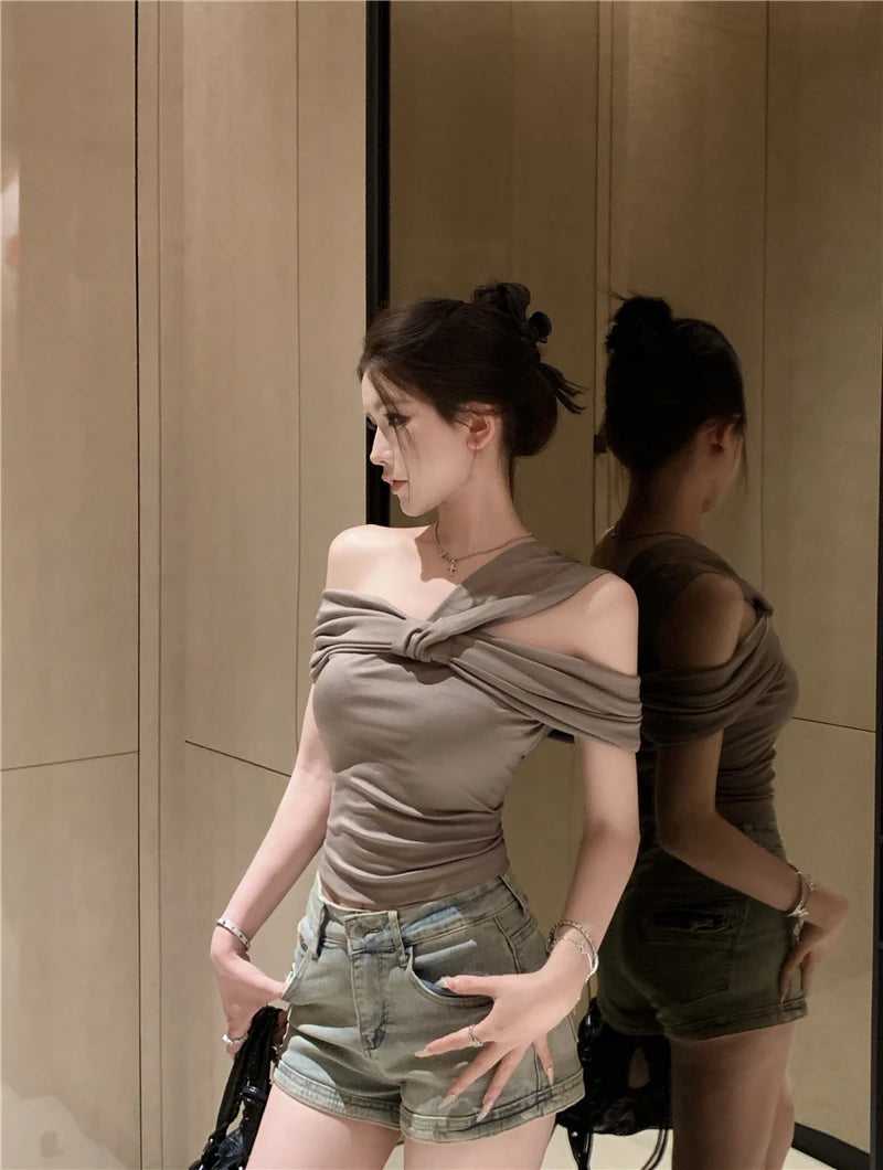 Korean Style Sexy One Shoulder  Knot Neckline Thin Summer Slimming T-Shirt Women's Fashionable Short Sleeve Top