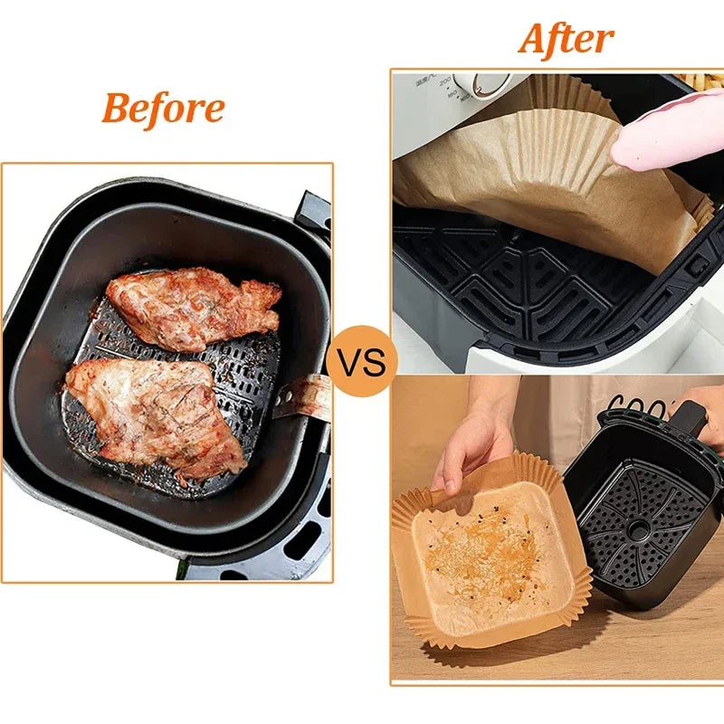 50/30 Piezas Accesorios de Cocina Papel para Freidora de Aire Utensilios de Cocina Desechables Cuadrados Redondos Moldes para Repostería Bandeja para BBQ Almohadilla Antiadherente