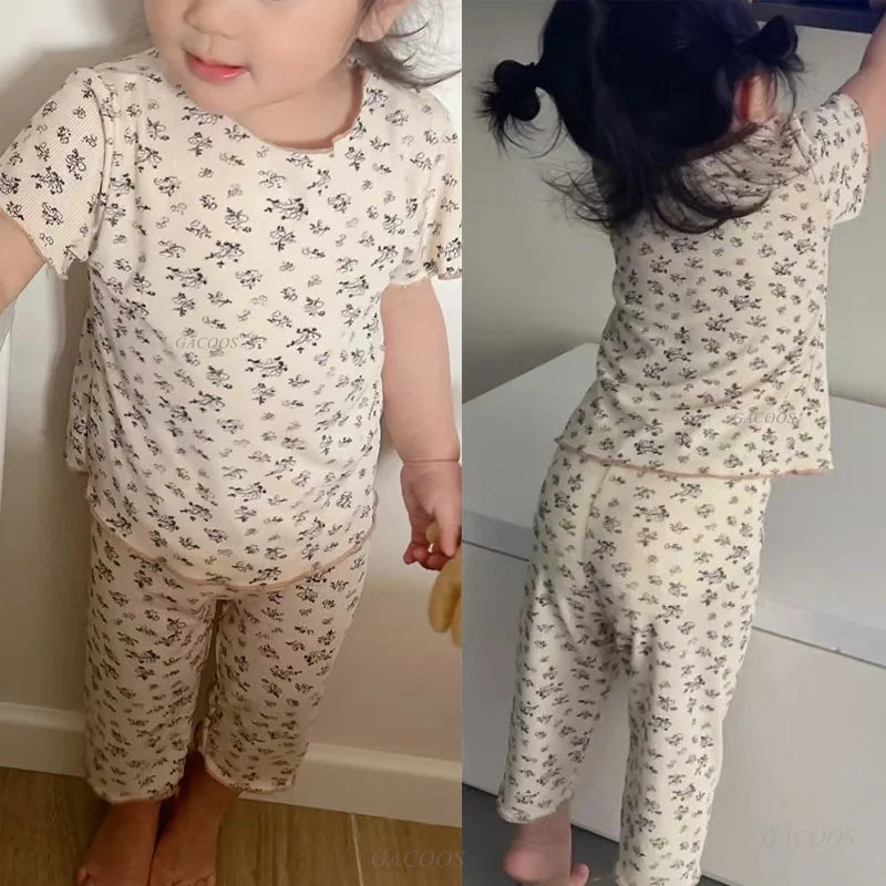 Summer Fashion New Short Sleeve Round Neck Flower Printed T-shirt Top+Pants 2 Piece Set Kids Casual Home Clothes