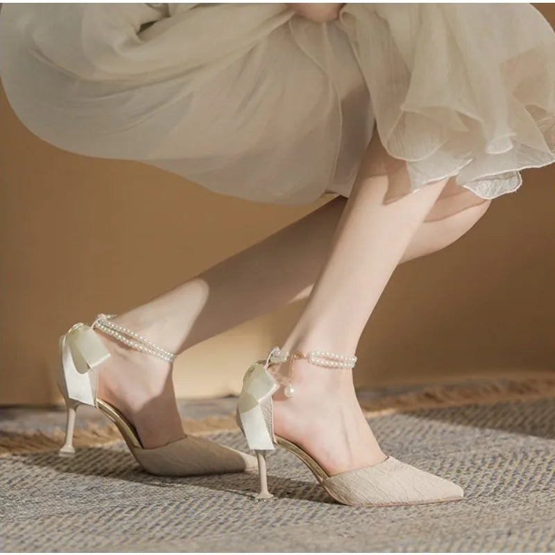 Fashionable high-heeled women's 2025 summer new pearl open-back evening dress stiletto style fairy-tale elegant single shoes