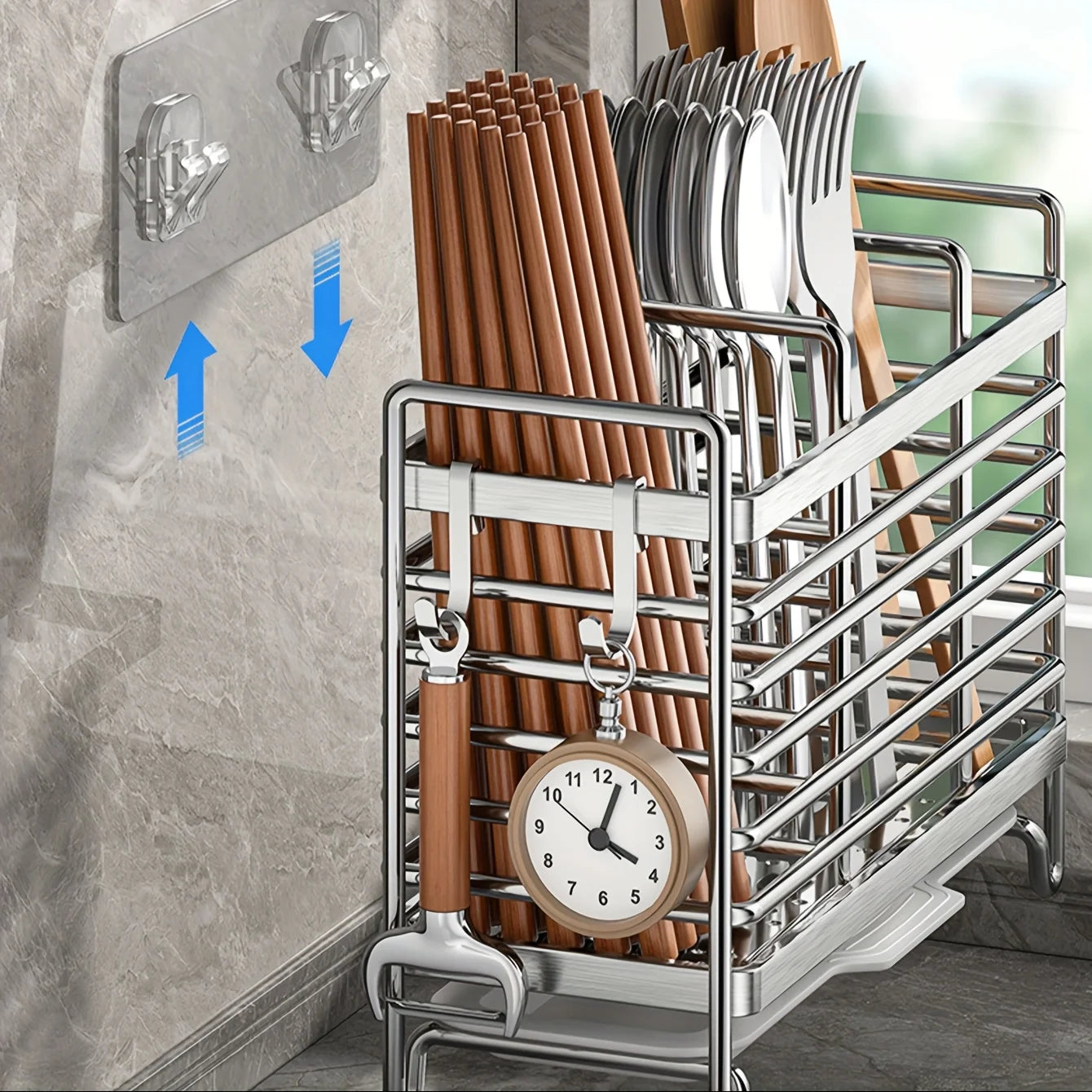 Porta Utensilios de Cocina Montado en Pared sin Taladrar. Organizador de Acero In Inoxidable que Ahorra Espacio para Cubiertos, Ideal para Espacios Pequeños.