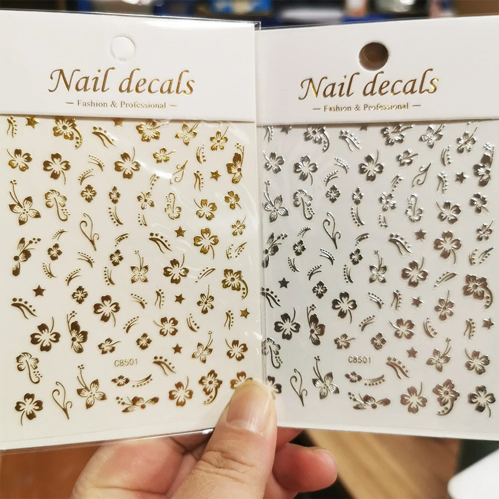 1 pieza 3D pegatinas de hibisco para uñas, flores blancas y negras, pétalos, calcomanías adhesivas, deslizadores florales rosas y dorados para decoración de uñas