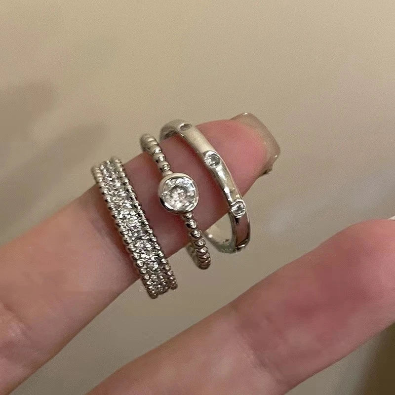 Vintage Silver Ring Set Crystal Round 3Pcs Y2K Aesthetic Jewelry For Women And Girls Trend