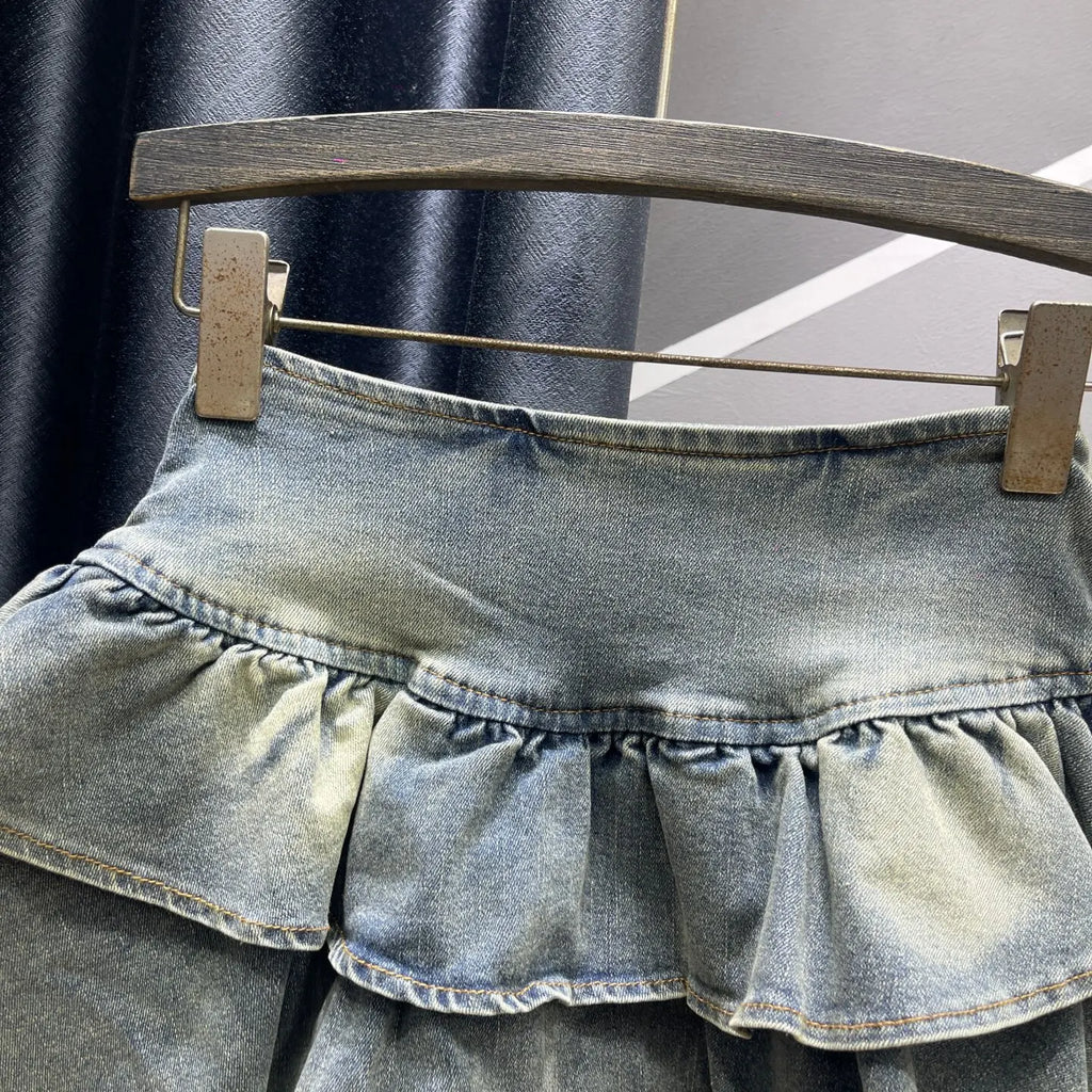 2026 Autumn New Spice Girl Retro Denim Cake Skirt, Women's High Waist Layered Ruffle Leaf Edge Mini Skirt, Blue Black Faldas