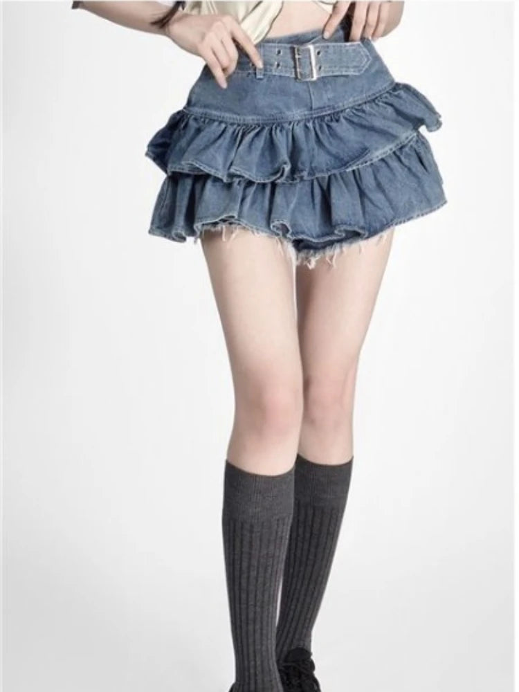 Sweet Denim Skirts Women 2025 Faldas Mujer De Moda High Waist A-line Ruffles Jupe Fashion Korean Saia Casual Summer Mini Skirt