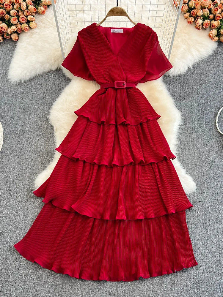 Beach Vaion Vintage Women's V-ne High-waist Cake Dr Ele Aosphere Maxi Skirt Loose Fit ort Sve Ci Commute