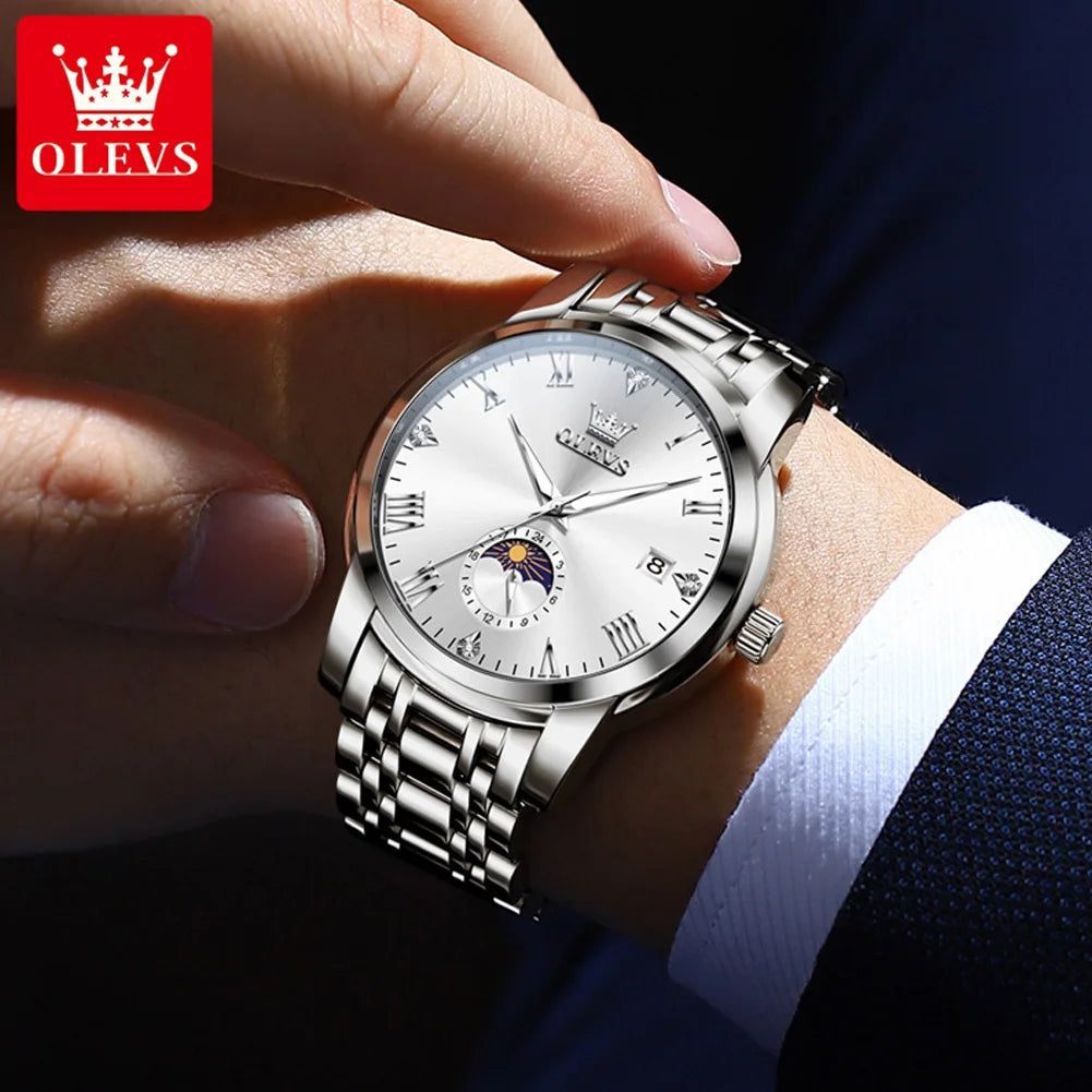 OLEVS 3656 Brand Men's Watches Fashion Original Quartz Watch for Man Waterproof Stainless Steel Luminous Wristwatch Moon Phase