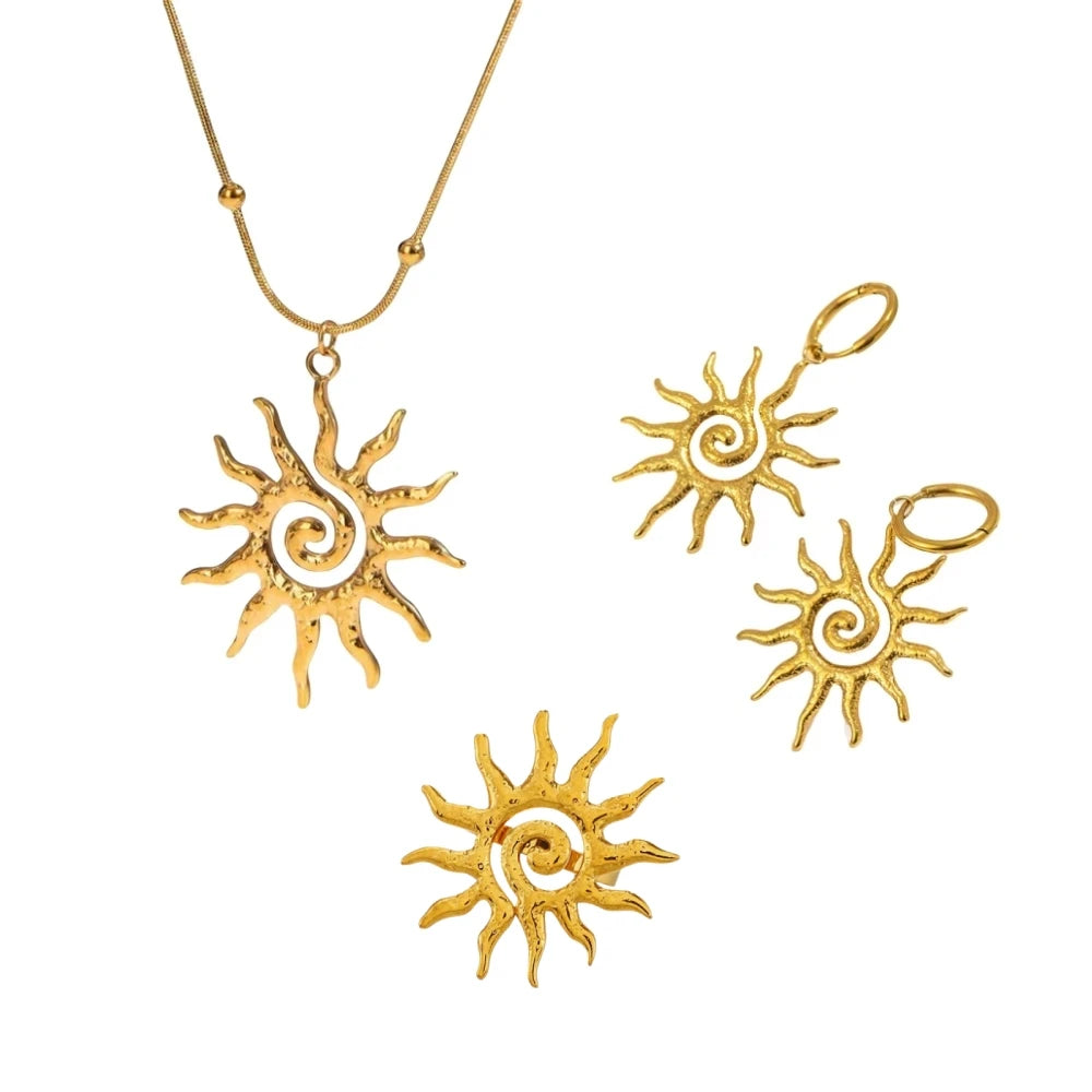Fashion Vintage Chic Sun Shaped Pendant Necklace Stainless Steel Earrings Statement Fashion Jewlery Accessories