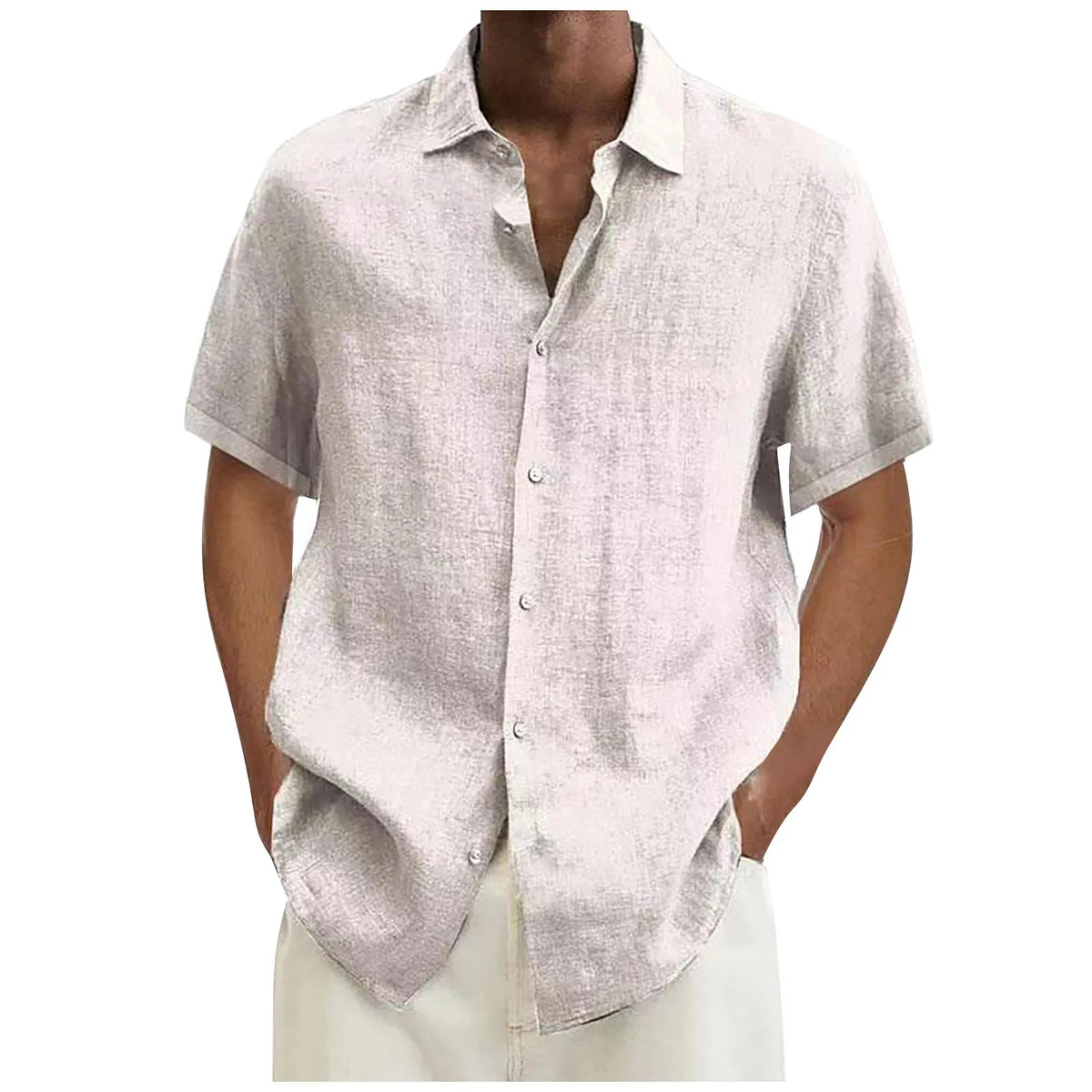 ISHOWTIENDA Men's Cotton Linen Short Sleeve Casual Shirt - Solid