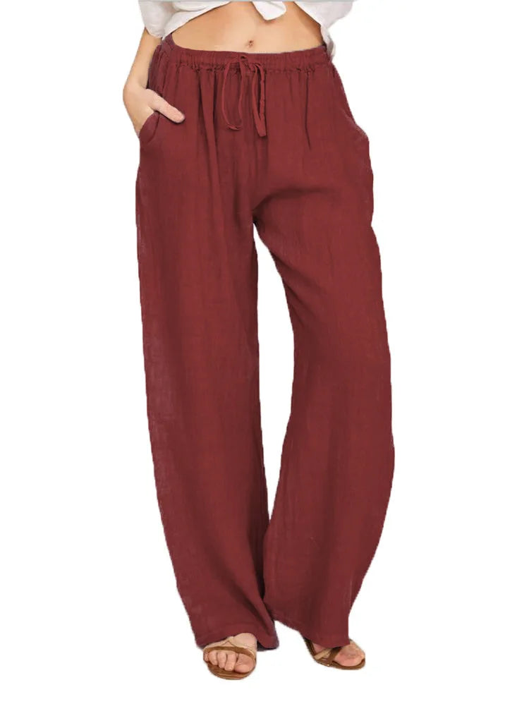 Wide Leg Linen-Blend Casual Pants | Loose Fit Women's Trousers