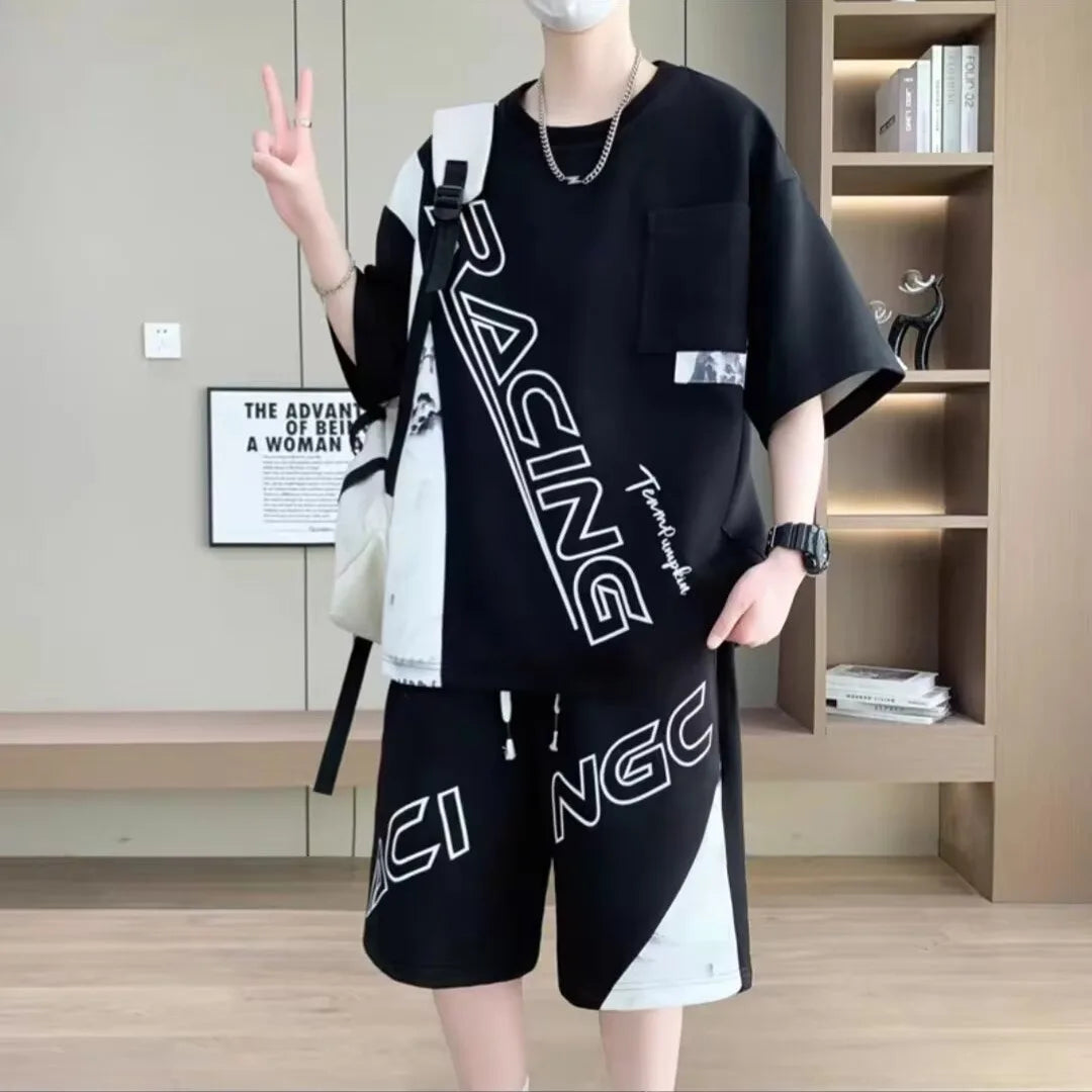 Summer Men'S Large Suit S-6Xl New Trendy Two Piece Set Korean High Street Fashion T-Shirt Shorts Tracksuits Designer Clothes Men