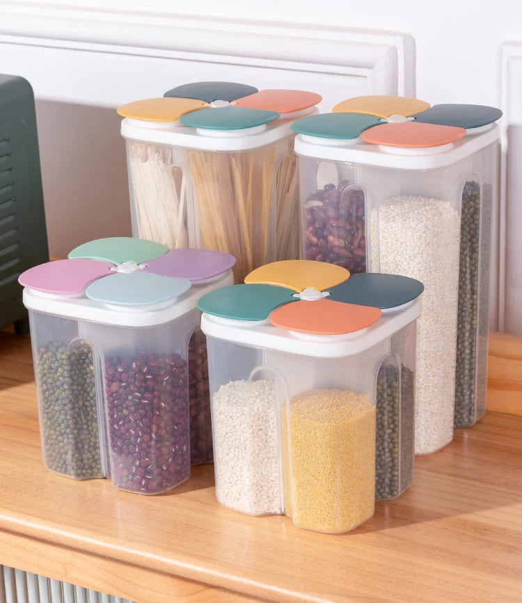 Caja de almacenamiento de cereales para cocina, de plástico, con 4 compartimentos, tarro sellado para cereales, recipiente para alimentos, tanque de grano a prueba de humedad, caja para mantener frescos los espaguetis
