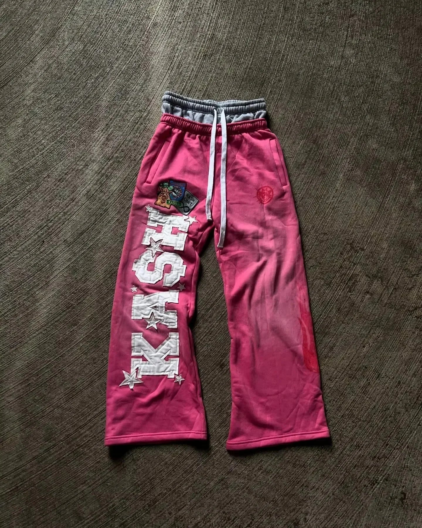 American Letter Patch Men Hip Hop Baggy Sweatpants With Retro Double Layer Y2K Style