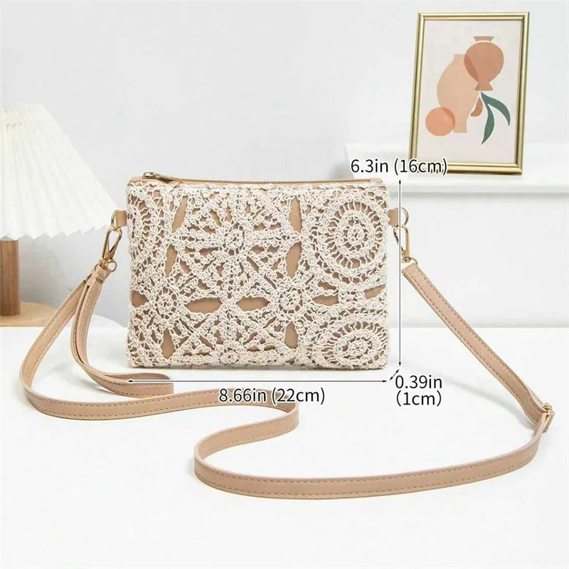 Simple Versatile Crossbody Crochet Bag, New Woven Bag, Zipper Closure, Retro Casual Beach Flower Women's Bags