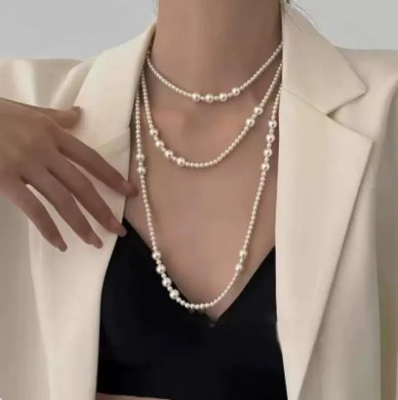 Vintage Long Multi Layered Pearl Necklace for Women Elegant Sweet Collar Chain Sweater Chain Necklaces Luxury Jewelry Gifts