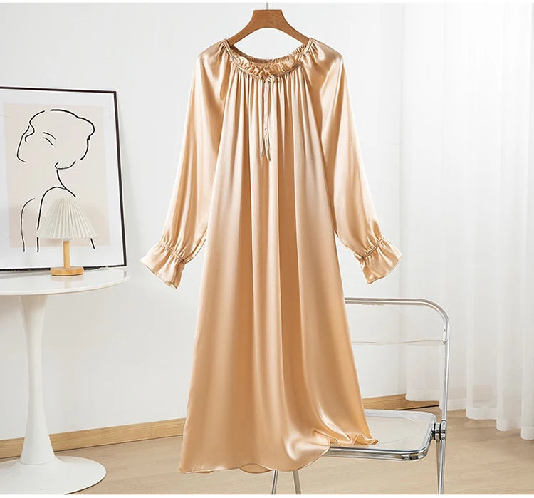 100% Mulberry Silk 16 momme Charmeuse Silk Purple Color Long Sleeve Sleep Dress Sleepwear Nightdress Nightgown QQ068