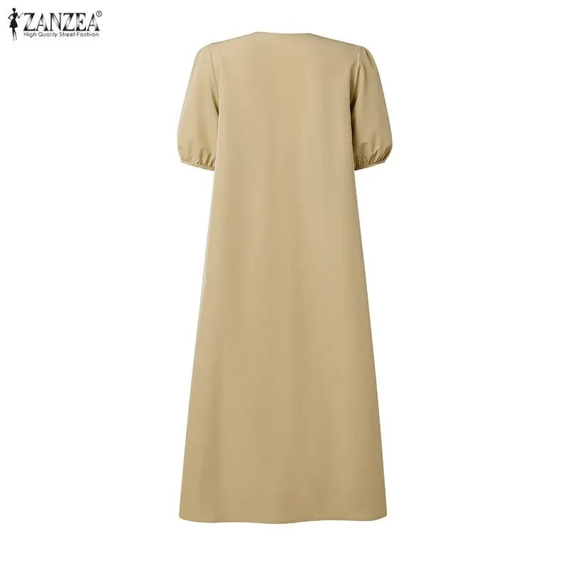 ZANZEA Summer Maxi Dress WomenV Neck Puff Sleeve Button Down Dress Casual Loose Solid Color Ruffle Hem Vacation Sundress Robe
