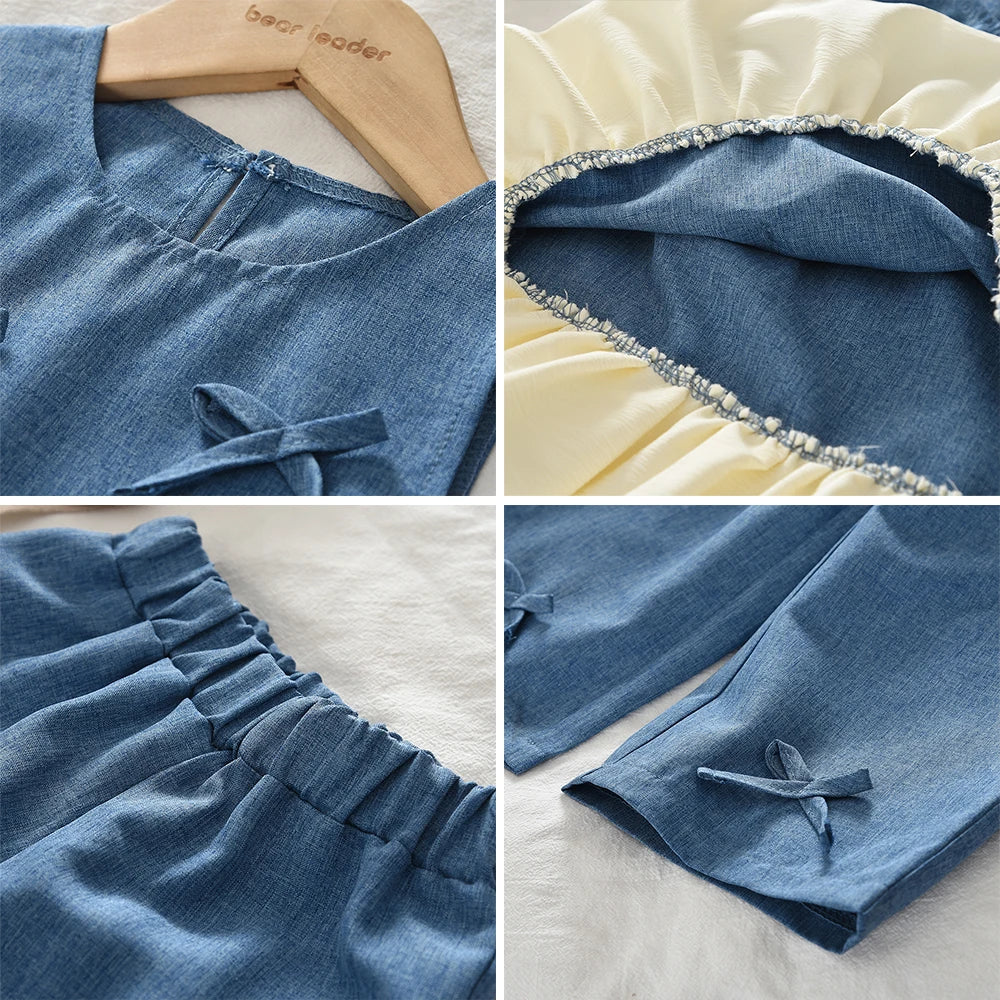 Blue Summer New Casual Girls' Clothes Round Neck Sleeveless Bow Lace Vest Princess Dress for Girls Aged 3-7 Korean Version