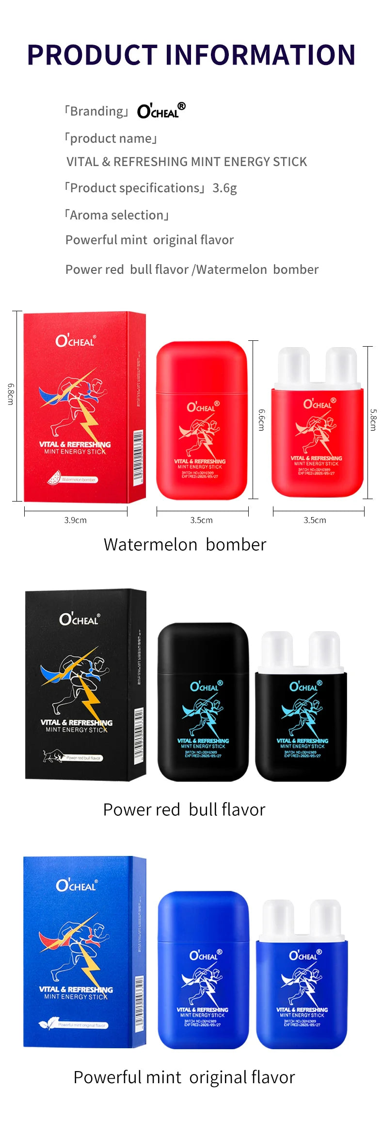 O'cheal Double Hole Energy Stick - Mint Scent Inhaler, 3-Pack