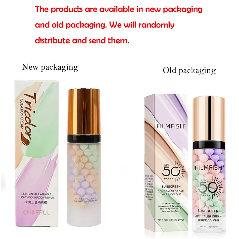 Tri Color Face Primer Cream Contour Waterproof Base 40G For All Skin Tones LongLasting