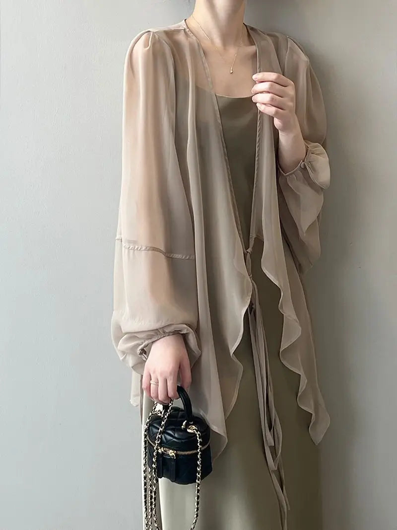 Shirts Women V-neck Loose Long Sleeve Open Stitch Korean Style Lace-up Simple Solid Summer Chiffon Breathable Minimalist Stylish