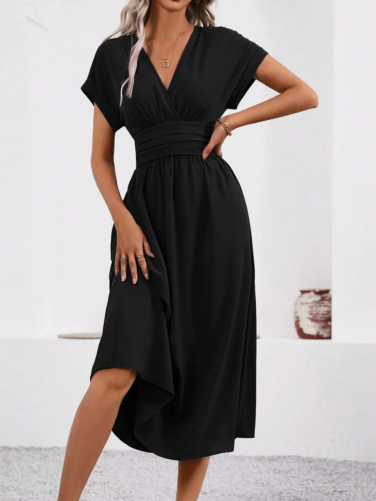 Woman Clothing Tops Skirts Y2k Clothes Dresses 2026 Woman Summer Solid-Color V-Neck Batwing-Sleeve Pleated Long Elegant Dress