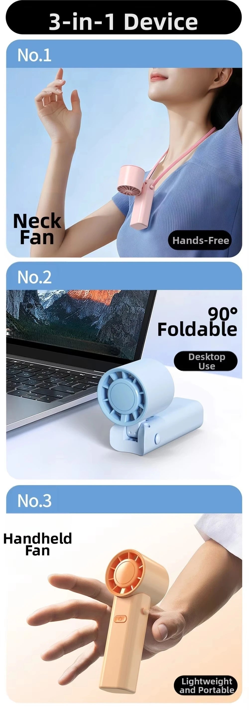 Mini Portable Neck Fan Foldable USB Rechargeable Handheld Fan Hands-Free Cooling for Travel Outdoor Summer