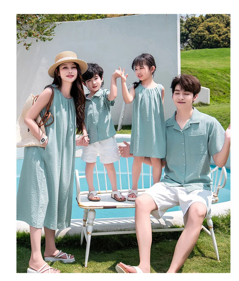 Vacation Family Matching Couple Outfit Dad Son Beach Shirts Mom Daughter Loose Dress Korean Parent-child Sister Brother Clothes