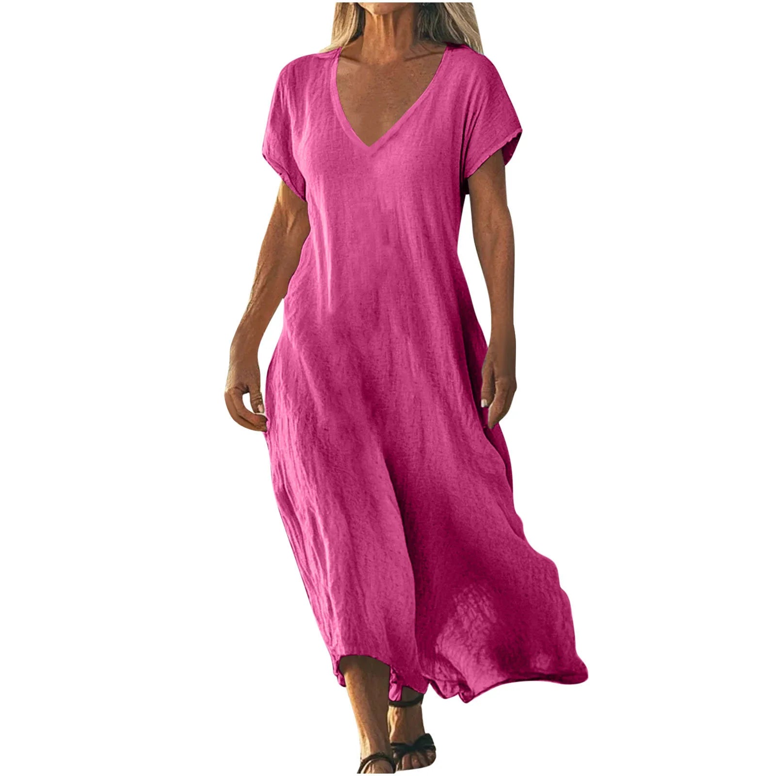 Independent Station Loose Solid Color V-neck Cotton and Linen Women's Dress