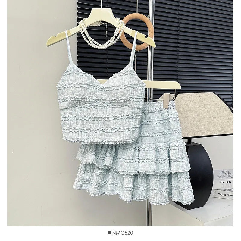 Small Girl Fashion Short Black Pink White 2 Piece Dress Sets 2pc Summer Sexy V Neck Camis Vest Top&Ruffles Cake Mini Skirt Suits