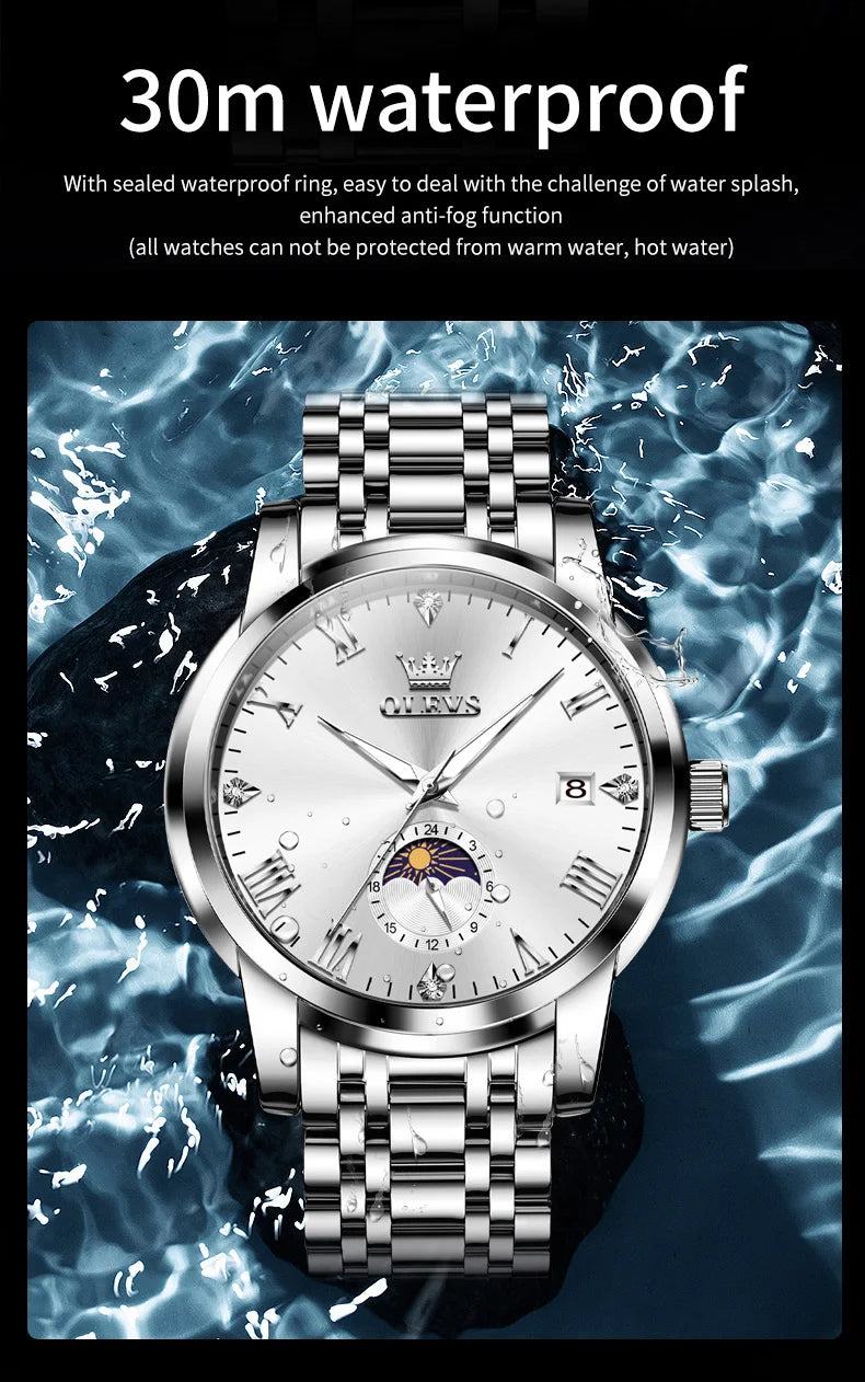 OLEVS 3656 Brand Men's Watches Fashion Original Quartz Watch for Man Waterproof Stainless Steel Luminous Wristwatch Moon Phase