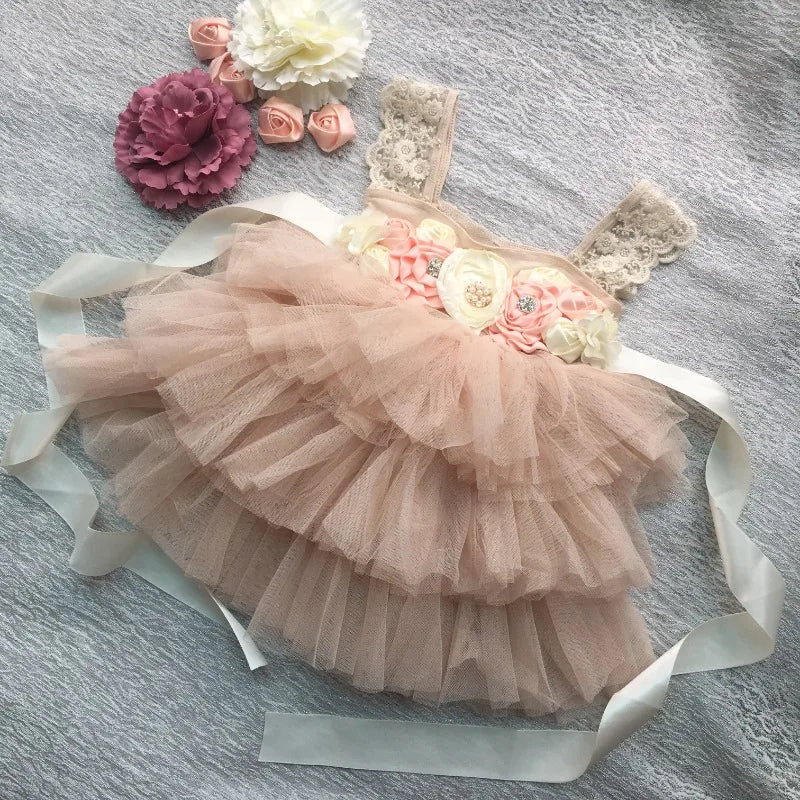 Flower Girl Lace Tulle Dress Elegant Princess Weddings Birthday Party Costumes for 3m To 7y Girls Baptism Festival Ball Gown