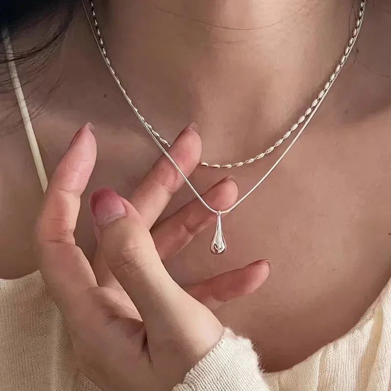 Water Drop Pendant Necklace for Women Double Collar Chain Fashion Fine Jewelry Gifts Long Layered Necklace Jewelry Accessories