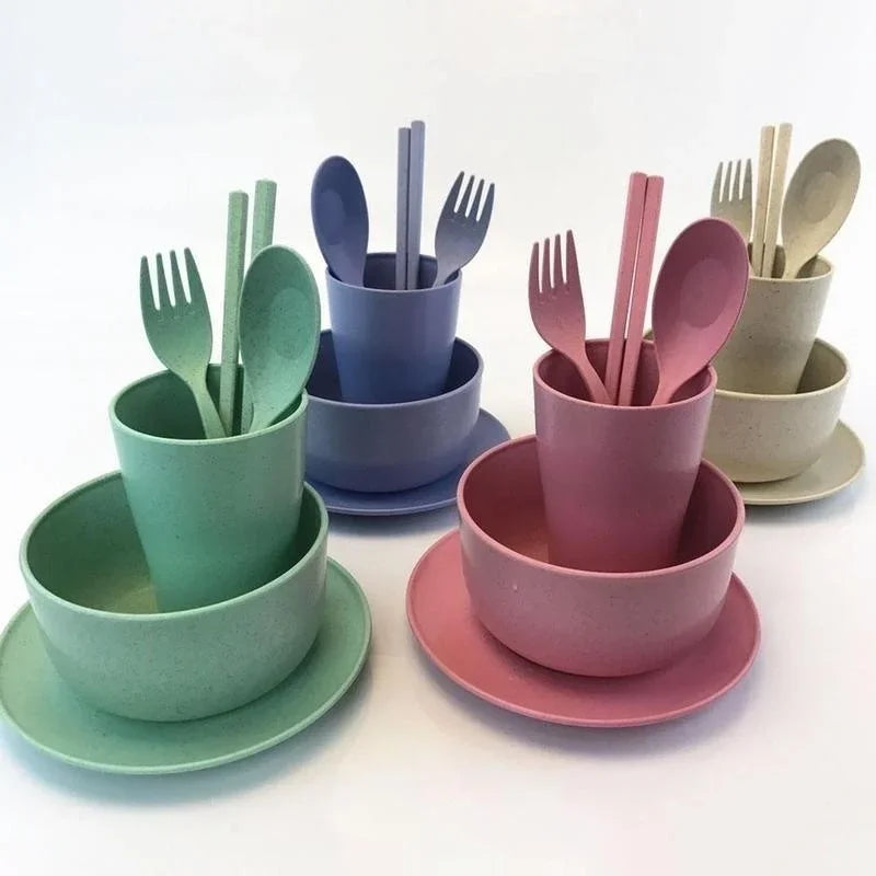 6 Pcs/Set Wheat Straw Baby Tableware Children Food Dishes Bowl Feeding Infant Learning Dinnerware Spoon Chopsticks Fork Cup New