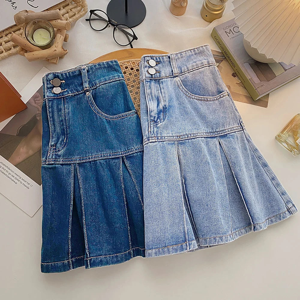 Women Pleated Denim Mini Skirt Summer High Waist Double Button Slim A-Line Skirts with Safety Shorts Y2K Style Party Wear Skirt