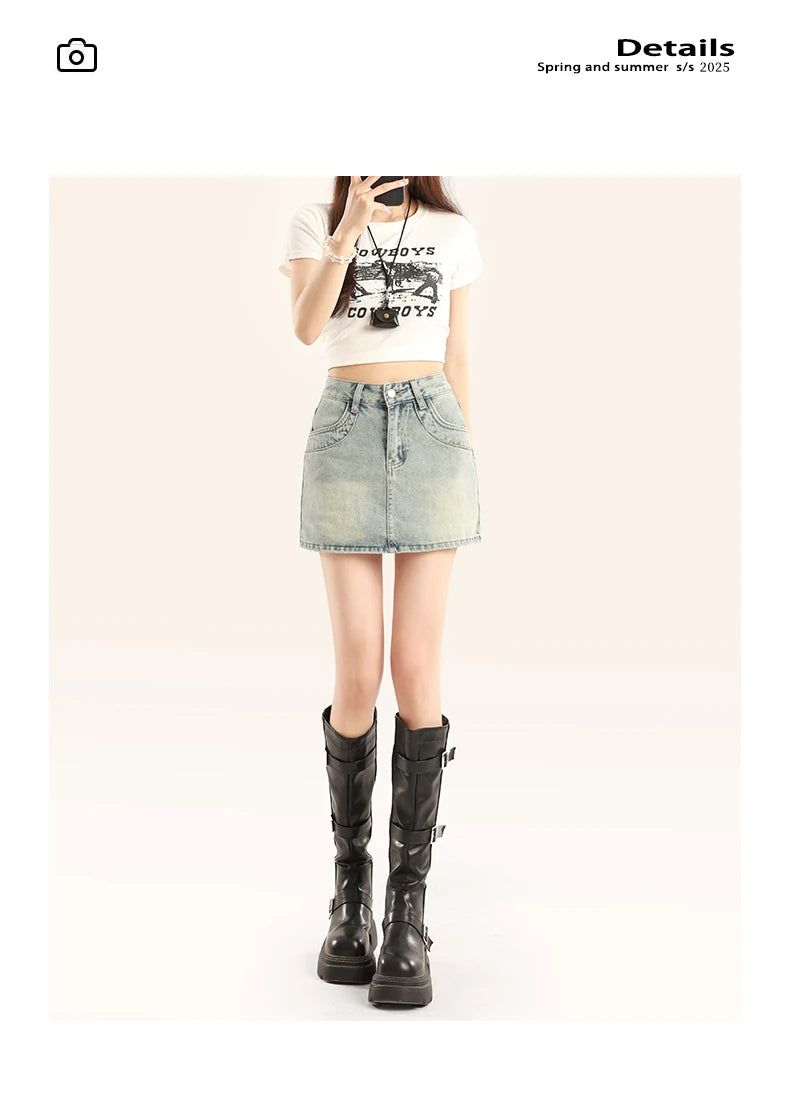 Light Blue Spicy Girl High Waist Denim  Skirt Women's A-Line Bodycon Short Skirt Summer New Style Slimming Anti-Light
